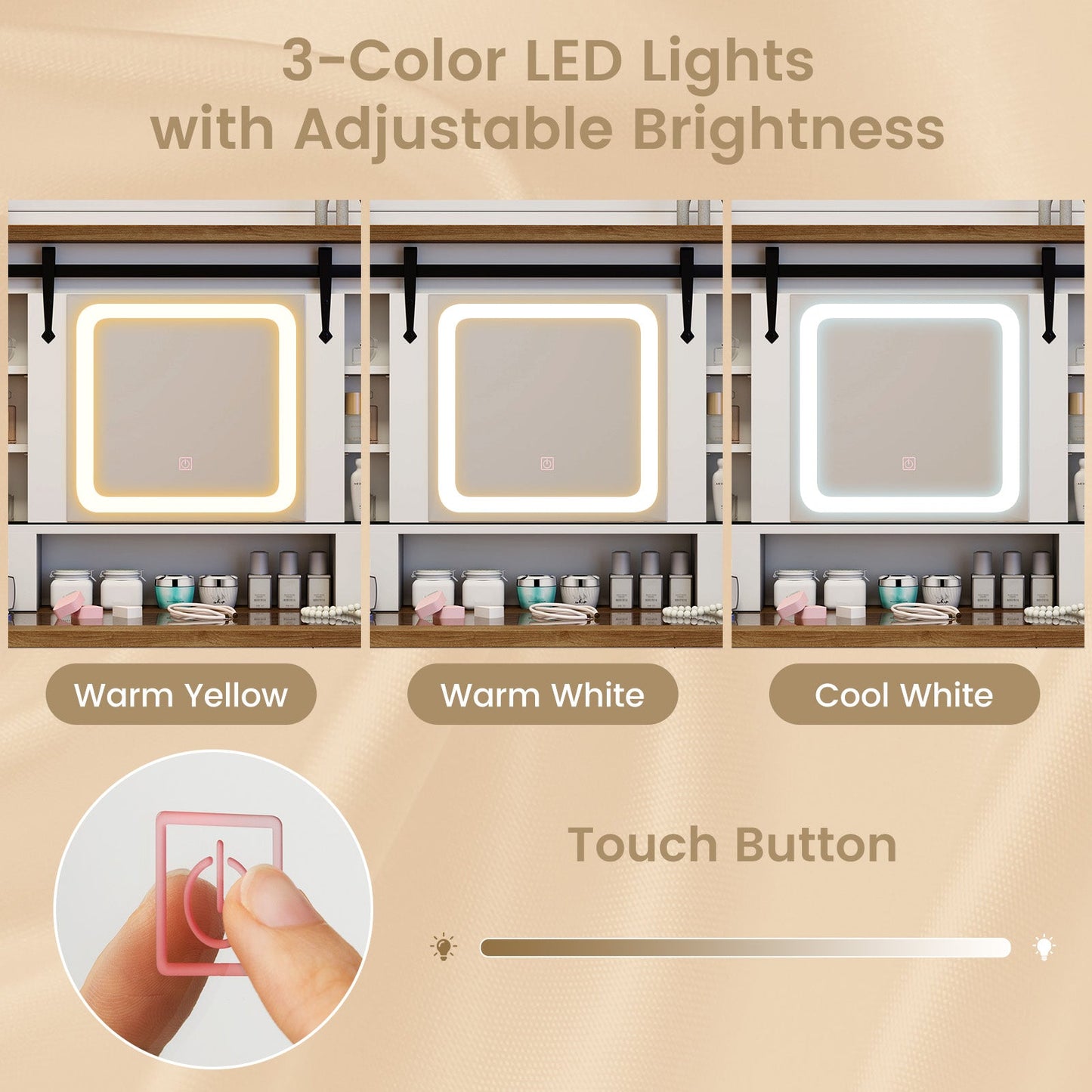 Makeup Vanity Desk with Mirror and 3-Color Dimmable LED Lights-White