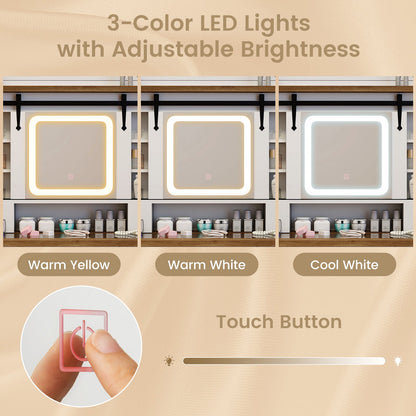Makeup Vanity Desk with Mirror and 3-Color Dimmable LED Lights-White