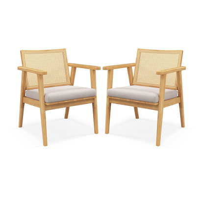 Mid Century Modern Accent Chairs Set of 2 with Breathable Rattan Back-Natural