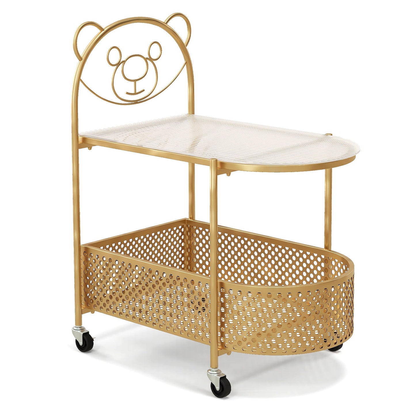 2-Tier Mobile Glass Coffee Table with Bear Pattern