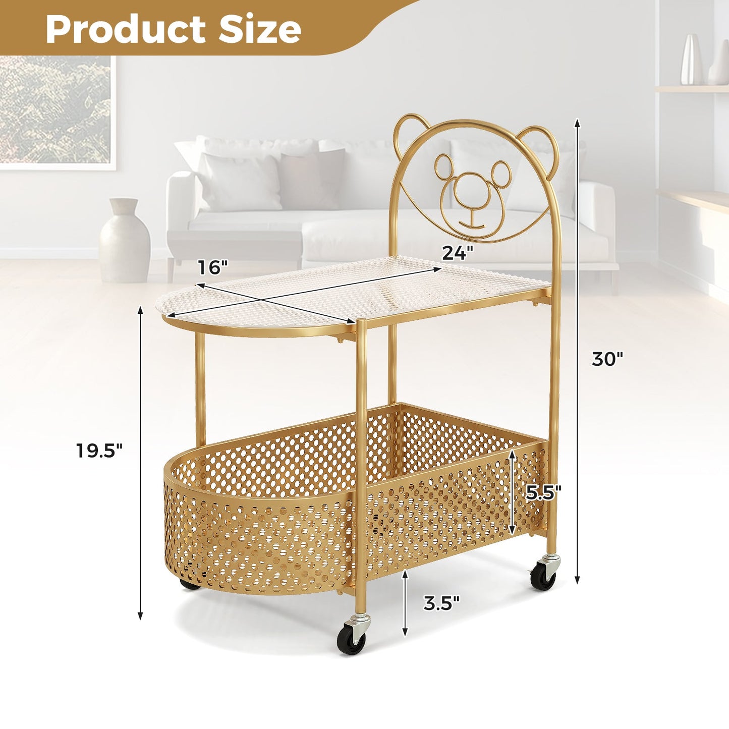 2-Tier Mobile Glass Coffee Table with Bear Pattern
