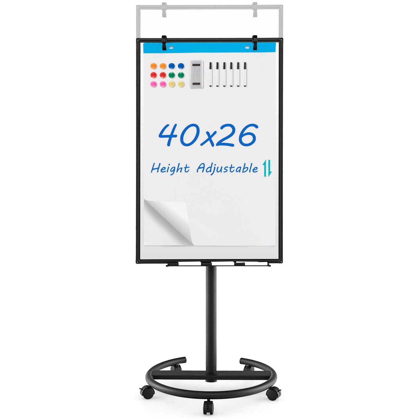 Height-Adjustable Mobile Whiteboard with Round Stand Paper Clips