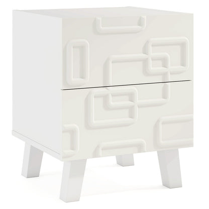 Modern Nightstand Side Table with Drawers and 3D Geometric Patterns-White