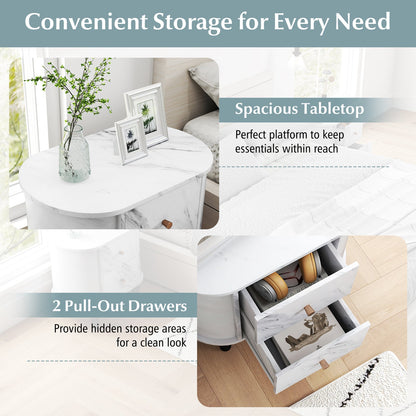 2-Drawer Nightstand Modern Faux Marble Bedside Table with Storage-White