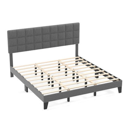 King Size Modern Linen Bed Frame with Adjustable Headboard-Gray