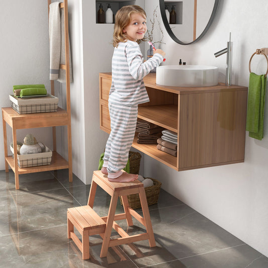 Multipurpose Wood Folding 2-Step Stool for Indoor Outdoor Plant Stand-Natural