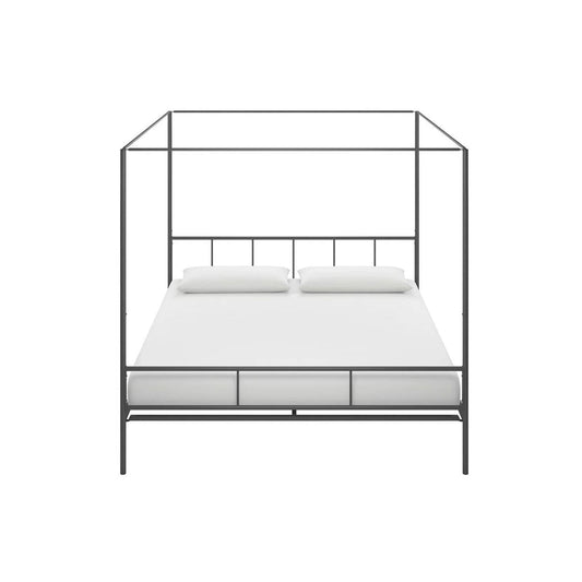 King size Dark Grey Metal Canopy Bed Frame with Headboard and Footboard