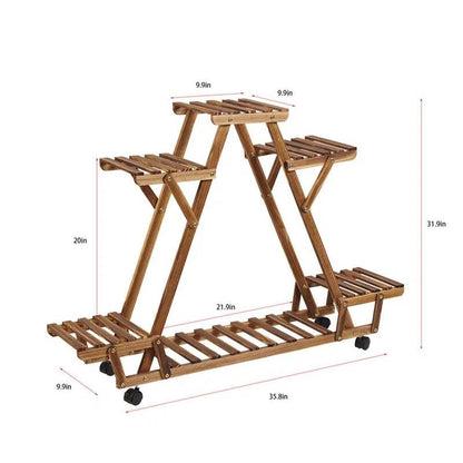 Indoor Outdoor Solid Wood Triangular Multi-Tier Plant Stand with Locking Wheels