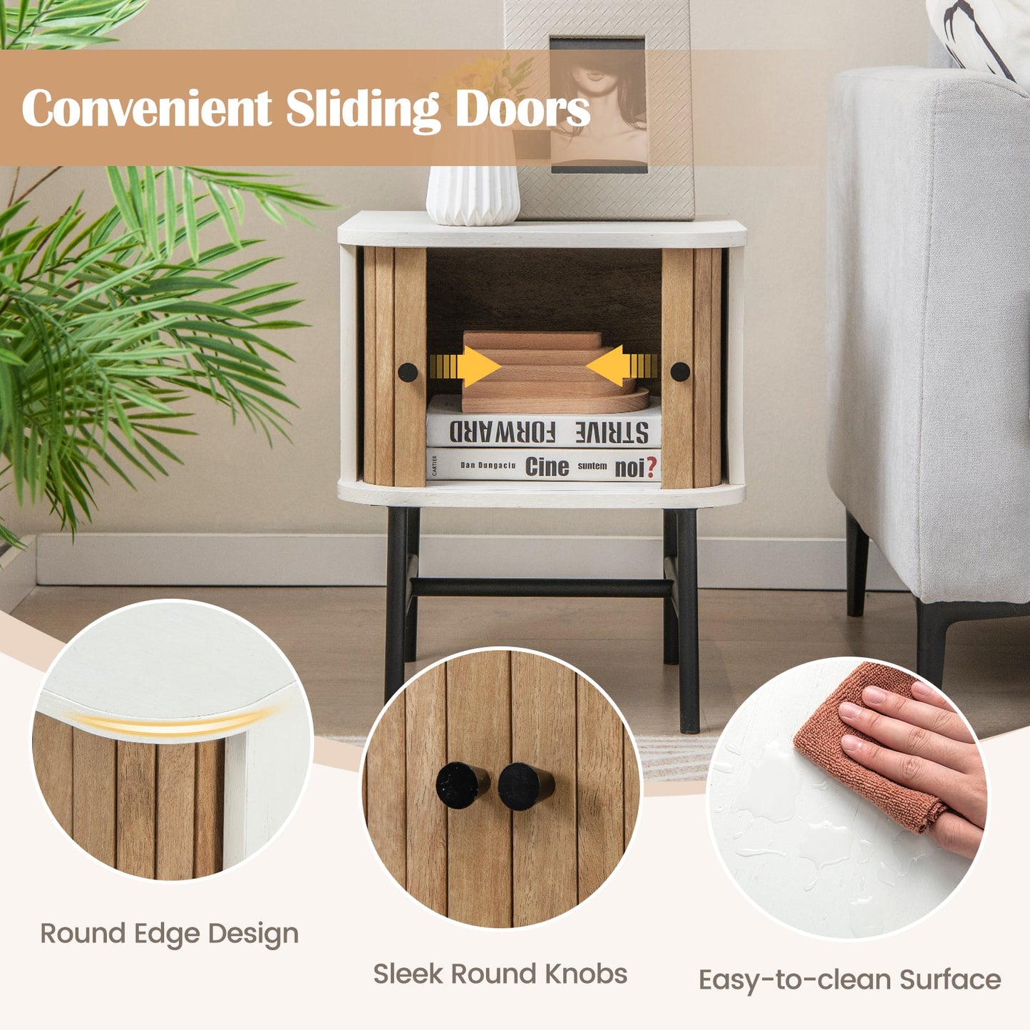 Mid-century Modern Nightstand with Sliding Doors and Storage Cabinet