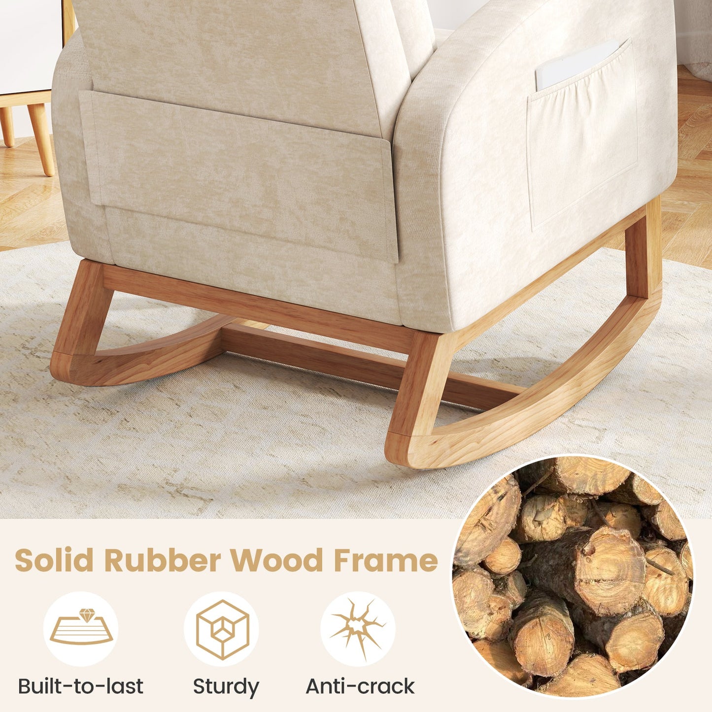 Nursery Rocking Chair Upholstered Chenille Rocker Armchair with Natural Rubber Wood Frame-Beige