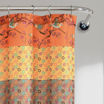 72-inch Orange Teal Floral Damask Boho Birds Polyester Shower Curtain