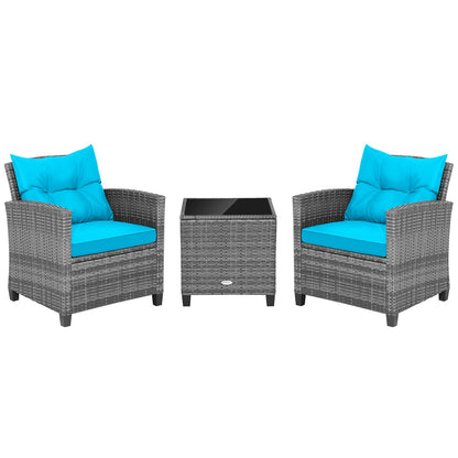 3 Pieces Outdoor Wicker Conversation Set with Tempered Glass Tabletop