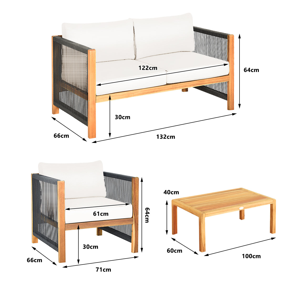 4 Pieces Wood Outdoor Patio Furniture Set with Cushions for Garden