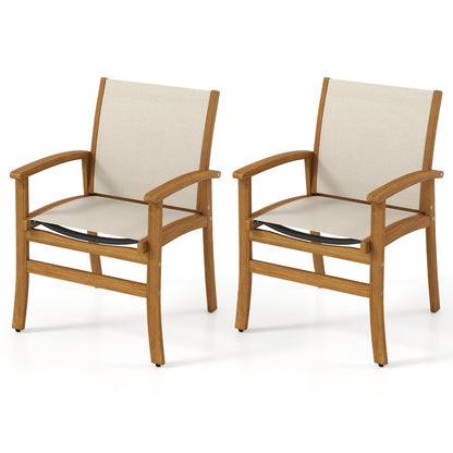 Patio Chairs Set of 2 Acacia Wood Armchairs with Breathable Fabric Back and Seat