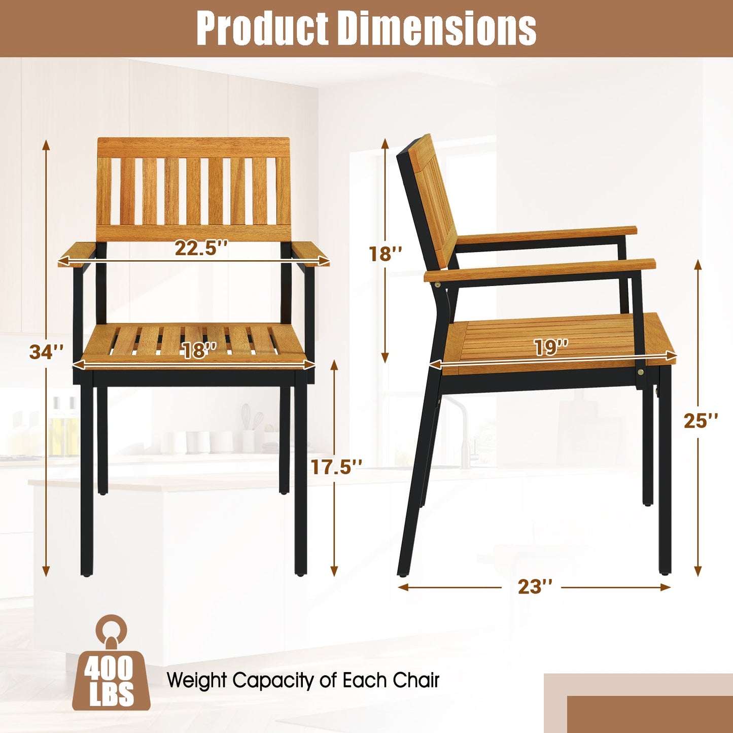 Patio Outdoor Dining Chair Set of 2 with Metal and Acacia Wood Frame