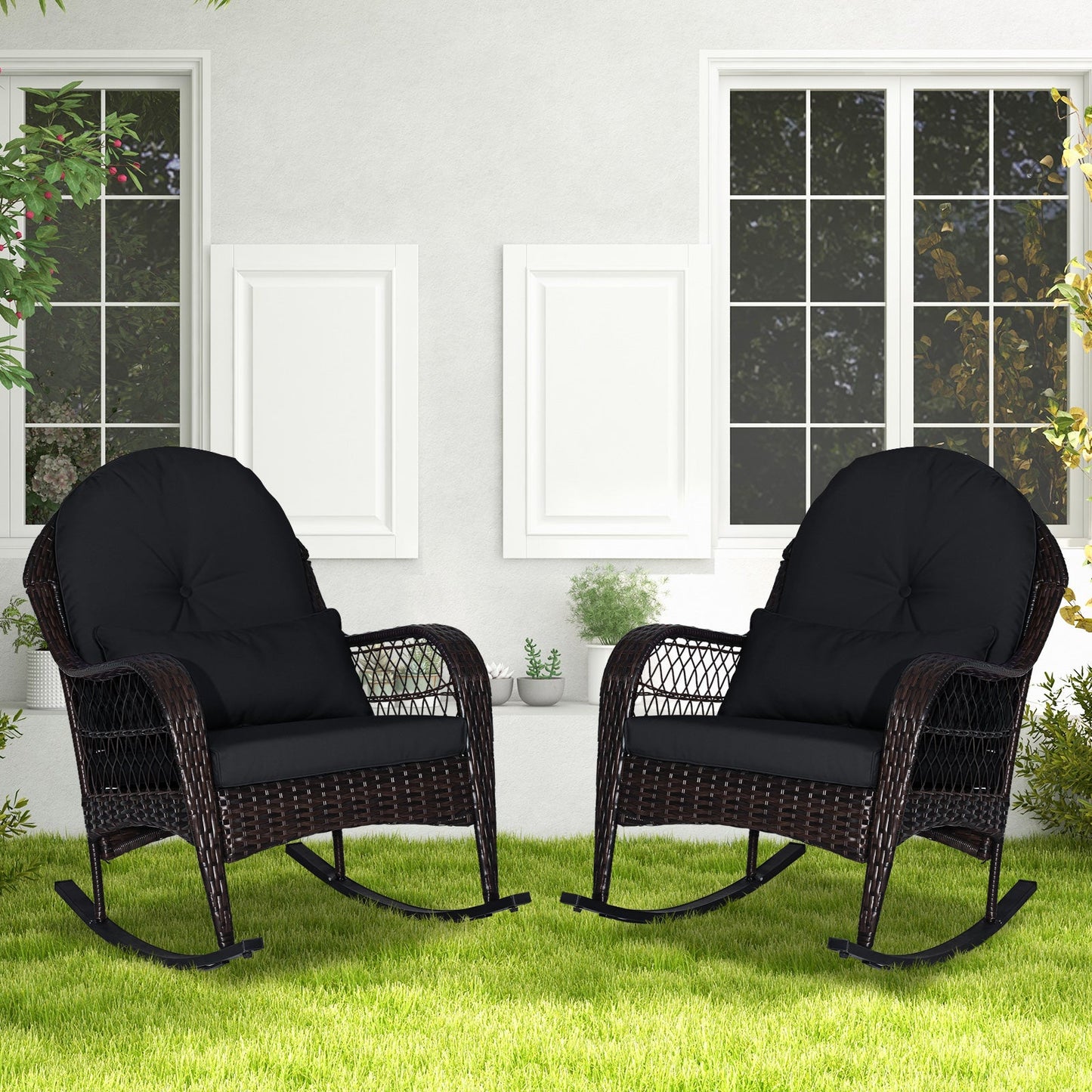 Patio Rattan Rocking Chair with Seat Back Cushions and Waist Pillow