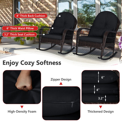 Patio Rattan Rocking Chair with Seat Back Cushions and Waist Pillow
