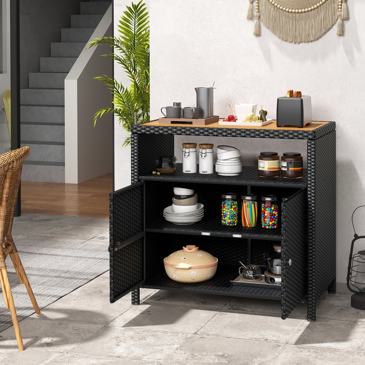 Rattan Storage Cabinet with Acacia Wood Countertop for Poolside Deck and Patio