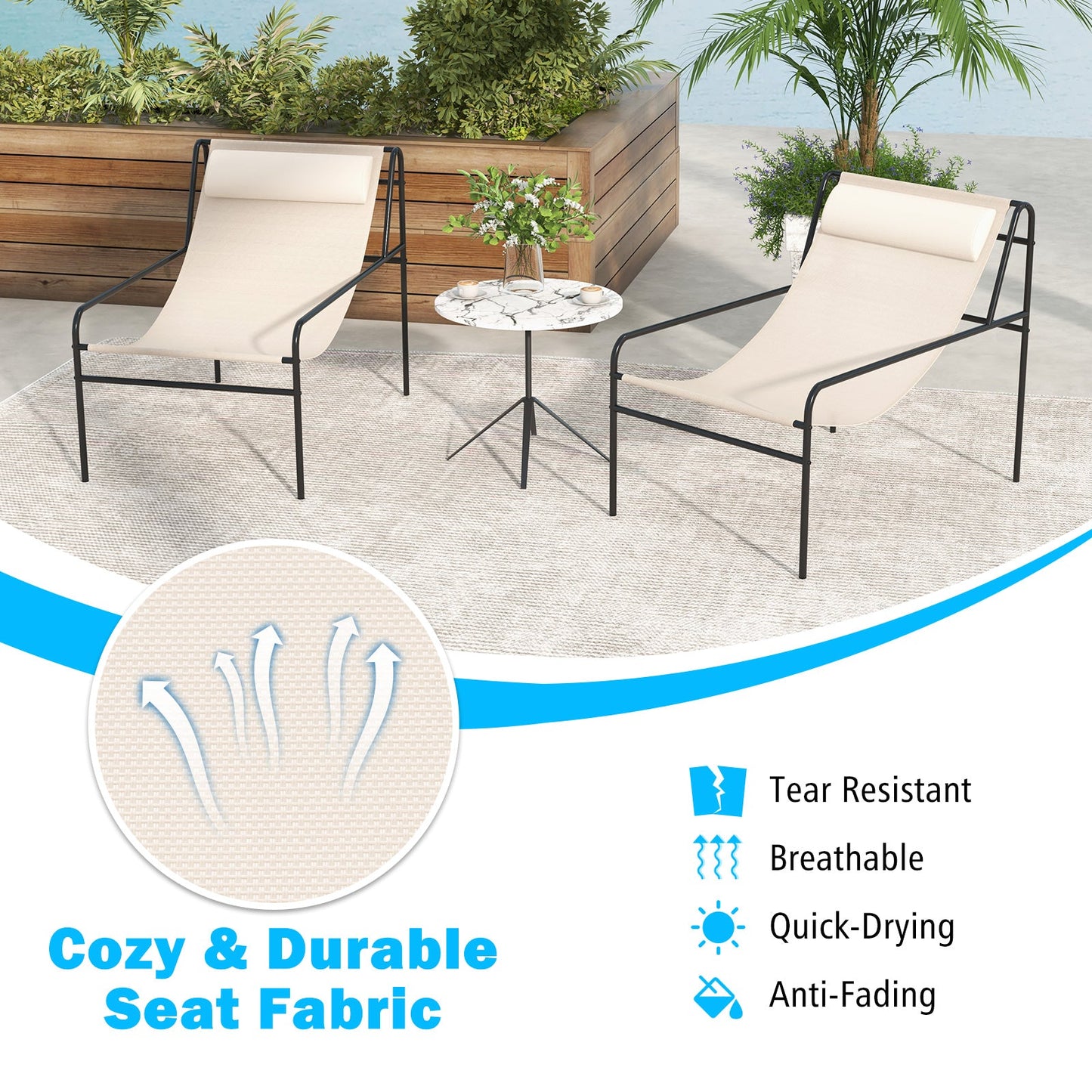 Patio Sling Lounge Chair with Removable Headrest Pillow and Metal Frame-Beige