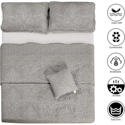 Queen size Ash Grey Damask Embroidered 4 Piece Oversized Bedspread Set