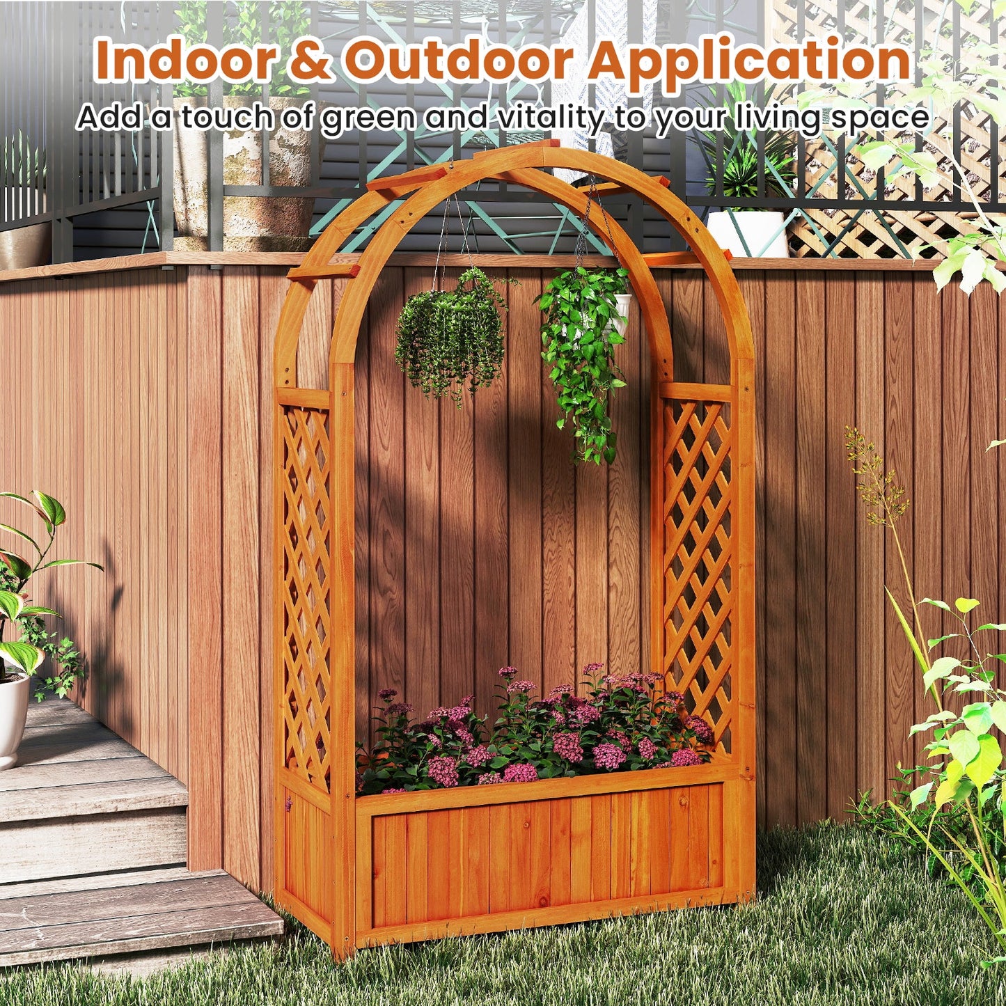 Raised Garden Bed with Lattice Trellis Ached Roof Wooden Elevated Planter Box-Brown
