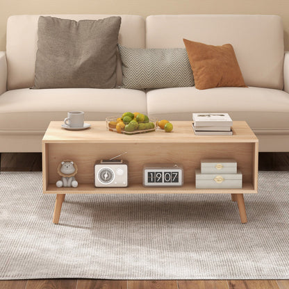 Rattan Coffee Table Mid Century Modern Center Table with 2 Storage Drawers-Natural