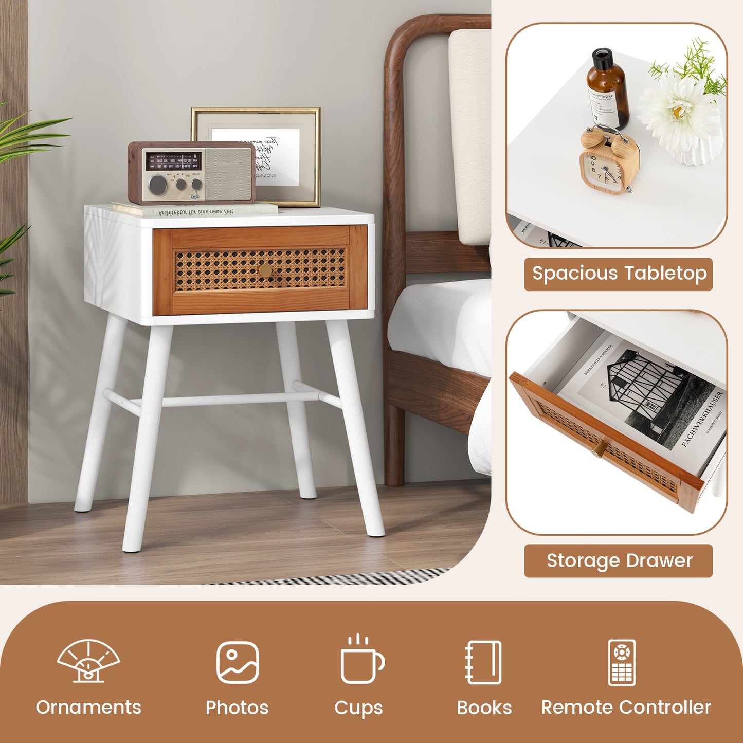 Rattan Nightstand Mid Century Modern Accent Table with Drawer-White