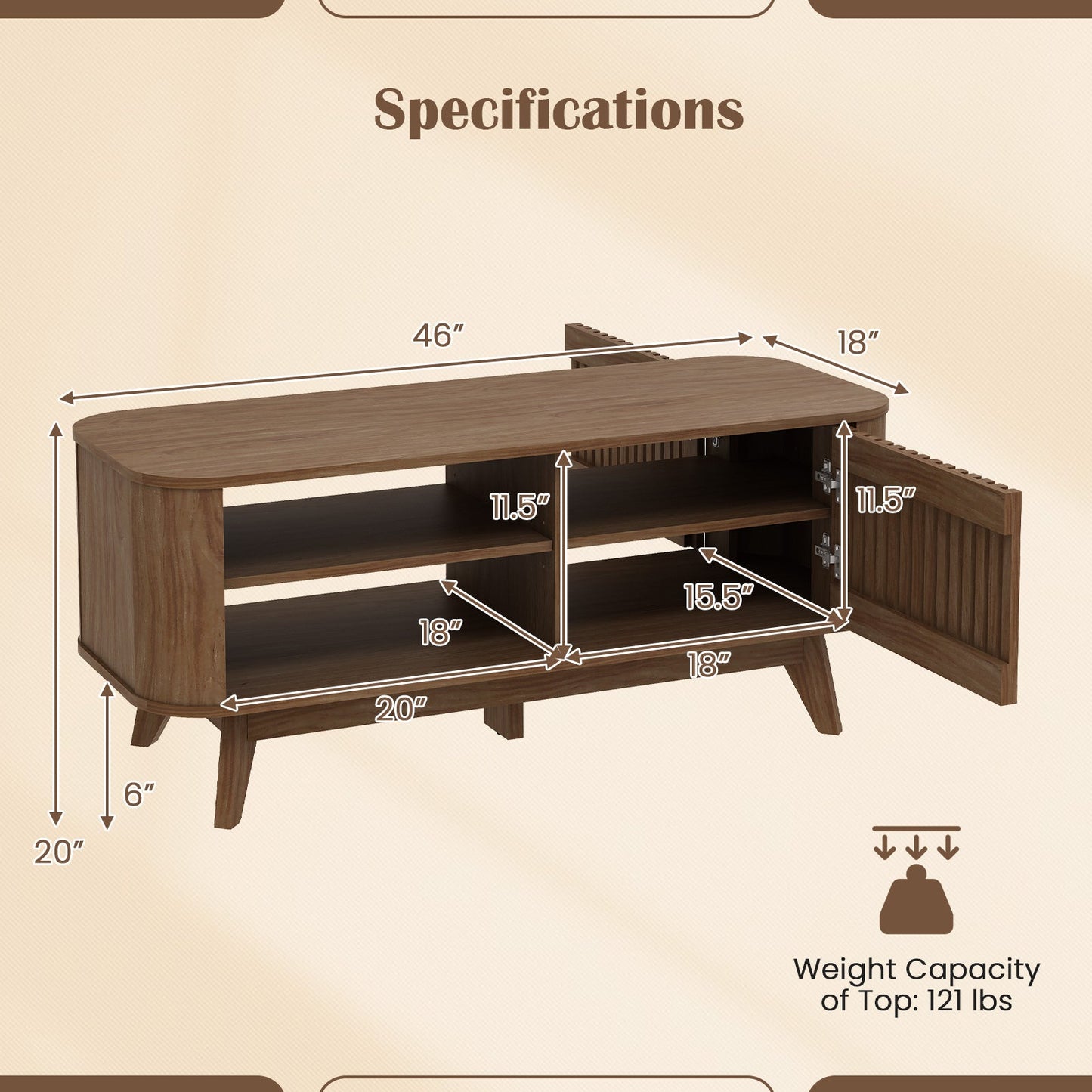 Rectangular Coffee Table with Storage and Adjustable Shelves-Walnut