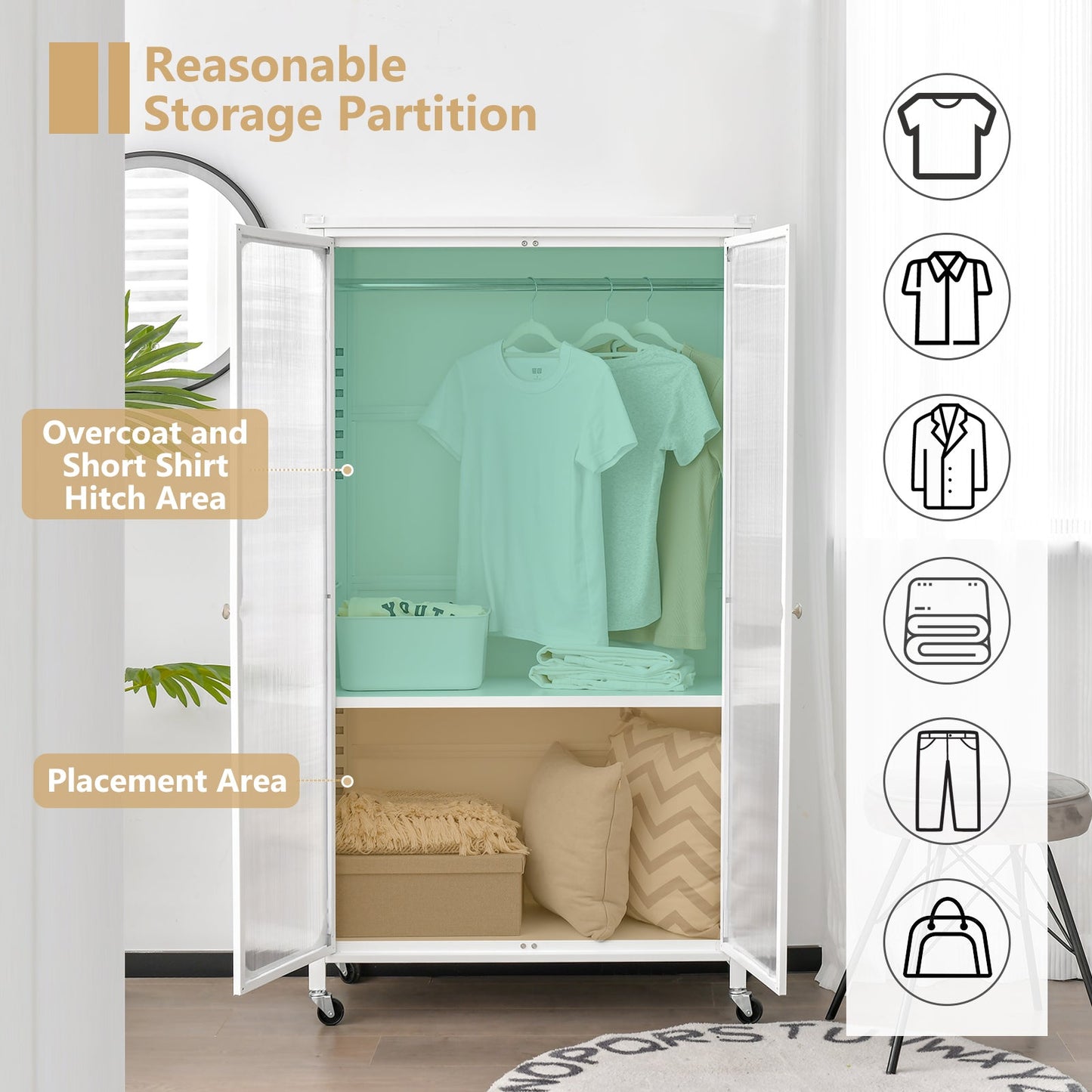Rolling Storage Armoire Closet with Hanging Rod and Adjustable Shelf-White