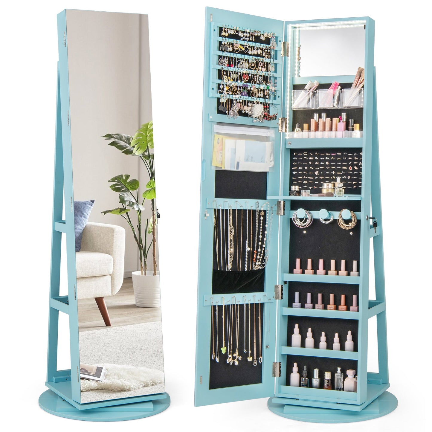 360° Rotating Mirrored Jewelry Cabinet Armoire 3 Color LED Modes Lockable