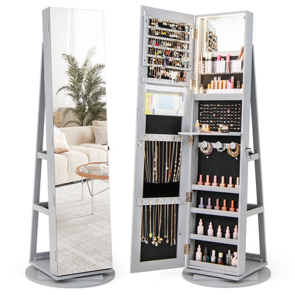 360° Rotating Mirrored Jewelry Cabinet Armoire 3 Color LED Modes Lockable