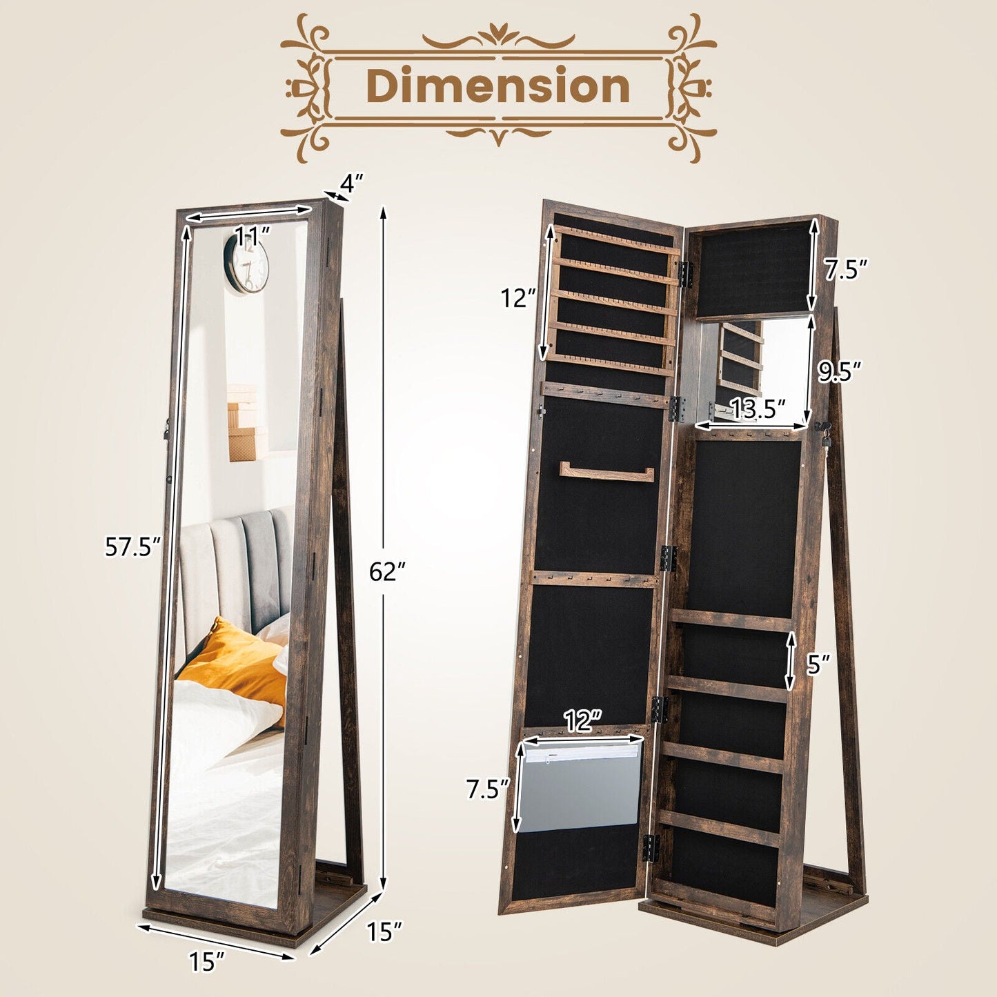 Standing Lockable Jewelry Storage Organizer with Full-Length Mirror