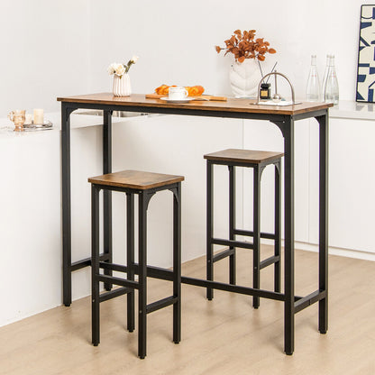 3 Pieces Industrial Bar Table and Chairs Set with Metal Frame-Rustic Brown