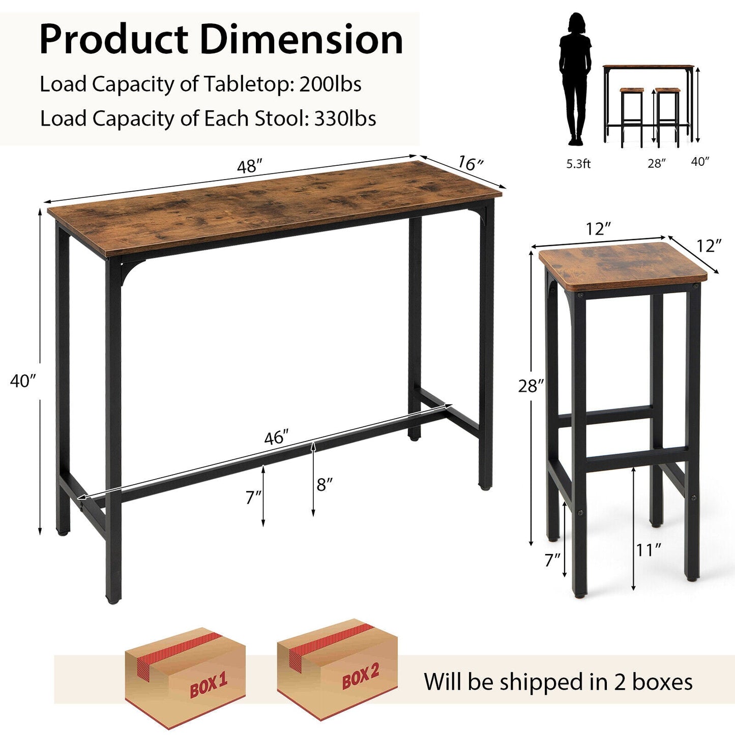 3 Pieces Industrial Bar Table and Chairs Set with Metal Frame-Rustic Brown