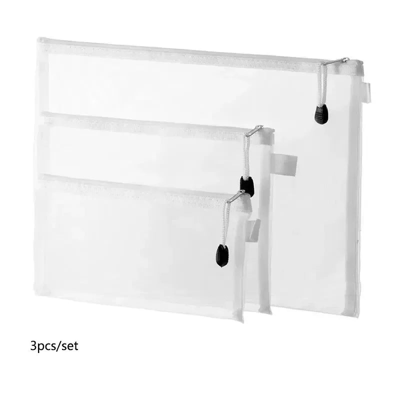 3pcs/Set Transparent Document Bag Mesh Zipper Information Bag Small Fresh Large Capacity Stationery Bag