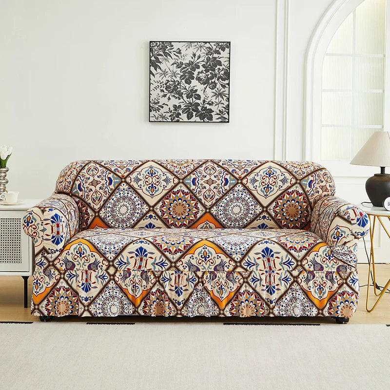 1 PC Printed sofa cover with skirt high elasticity soft hand feel pet stain resistant decorative sofa