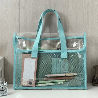 Clear Transparent PVC Tote Bag Large Capacity Waterproof Mesh Pocket Reinforced Handle for School Commute Beach