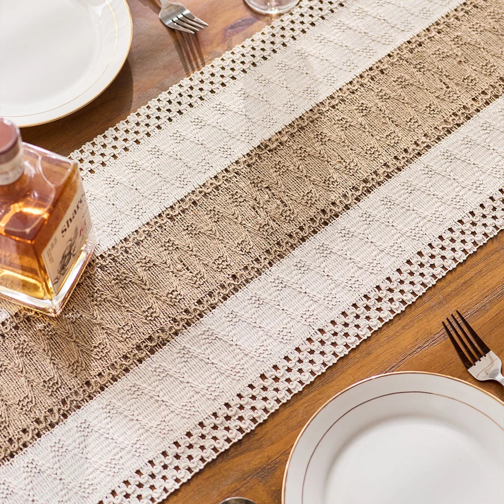 Boho Table Runner for Home Decor Macrame Cream & Brown Farmhouse Table Runner with Tassels for Bohemian Dining Bedroom Decor
