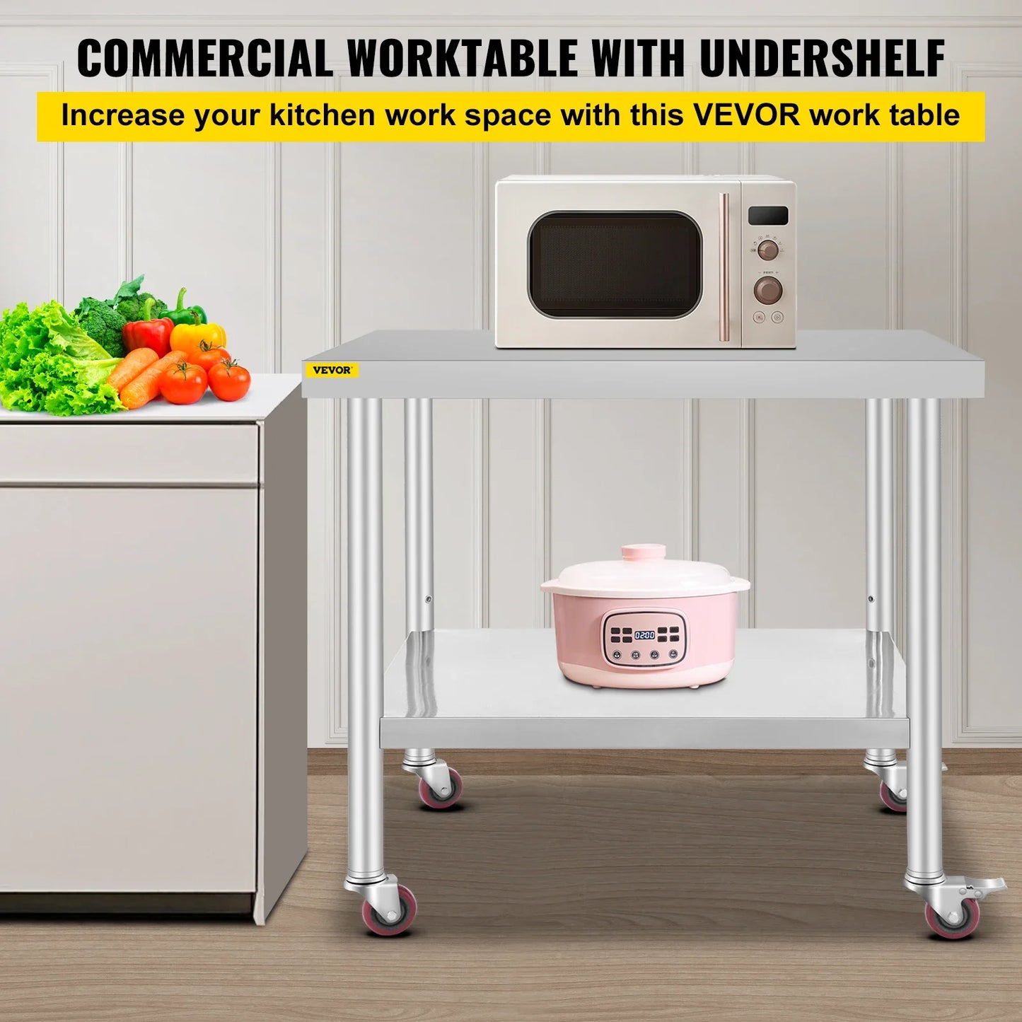 VEVOR Stainless Steel Kitchen Prep Table With 4 Caster Wheels & Backsplash Loads Up to 100KG-300KG for Home Storage Rack Dining