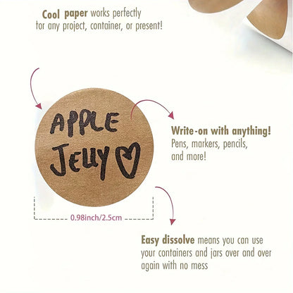 500 pcs 1 roll Kraft Dissolvable Mason Jar Labels Dissolvable Food Labels for Containers Jam Homemade Canning Jar Stickers