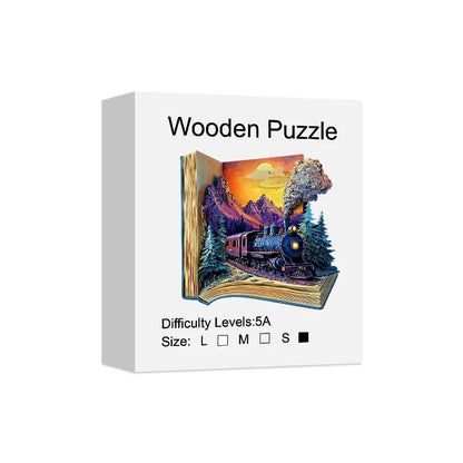 Wooden Puzzle for Adults -The train in the book Puzzle, Unique Shape Wooden Jigsaw Puzzles, Modern Art Home Decor