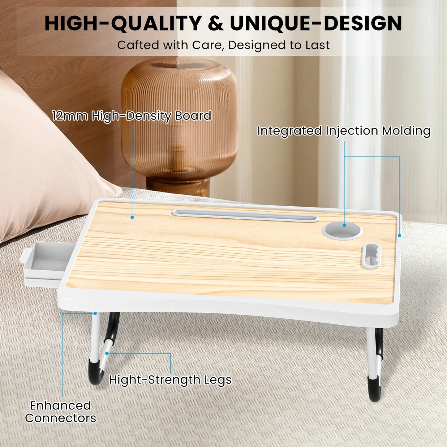 Extra-large multifunctional folding desk, portable multi-color wooden laptop bed desk with cup holder, suitable for work, readin