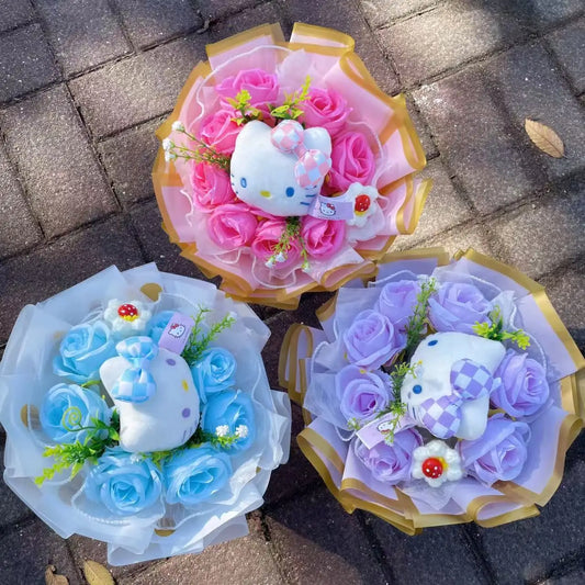Kawaii Hello Kitty Cat Dolls With Artificial Flowers Creative Bouquet Christmas Valentine Birthday Graduation Gifts