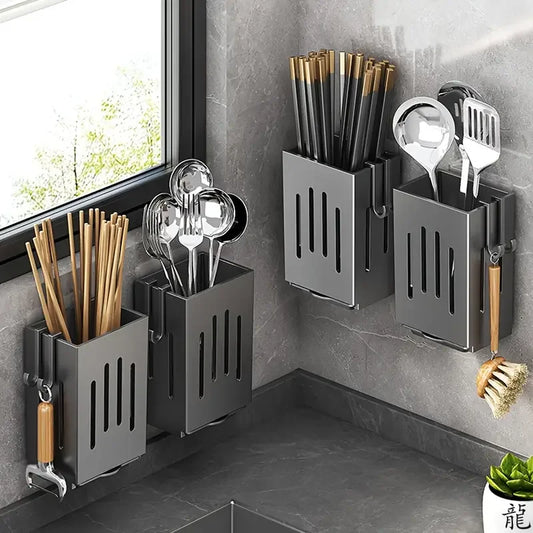 1pc/2pcs Wall-mounted Chopstick Holder Household Kitchen Sink Tableware Storage Rack Punch-free Drain with Water Tray with Hook