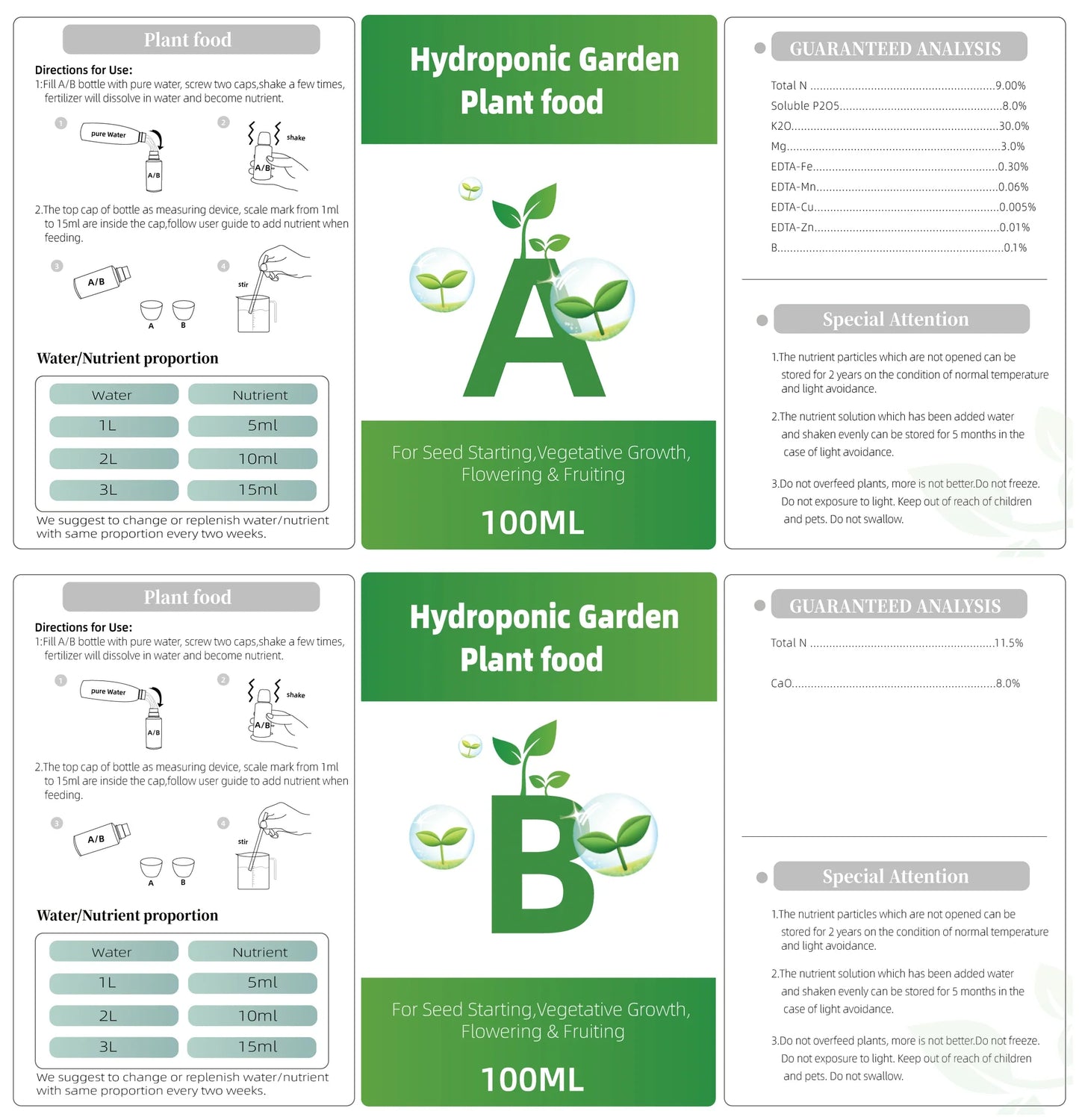 Fertilizer AB Two Part Set Hydroponic Garden Plant Food Plant Fertilizer For Flowers Vegetables Grass Nutrients