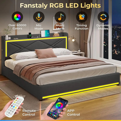 King Size LED Bed Frame with Storage Headboard and Charging Station, Upholstered King Platform Bed Frame Dark Grey