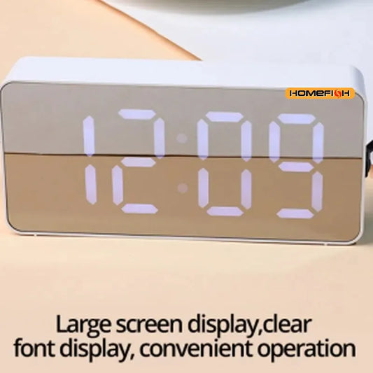 1Pc White LED Mirror Table Clock Snooze Display Time Night Light Desktop USB Alarm Clock Home Decor