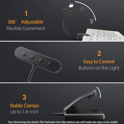 Portable Flexible Easy Clip Night Reading Lamp USB Rechargeable Reading Light 3Colors Warm Cool White Daylight Book Lamp