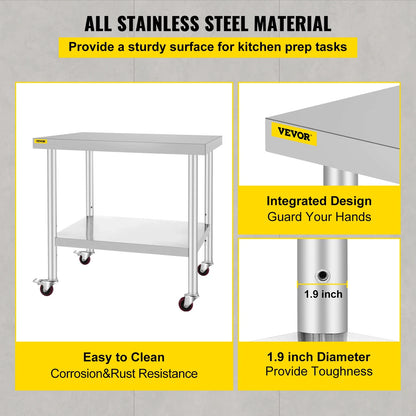 VEVOR Stainless Steel Kitchen Prep Table With 4 Caster Wheels & Backsplash Loads Up to 100KG-300KG for Home Storage Rack Dining