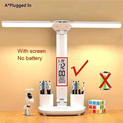 Double-Headed LED Table Lamp Dimmable Desk Lamp with Calendar Clock Foldable Eye Protection Reading Night Light